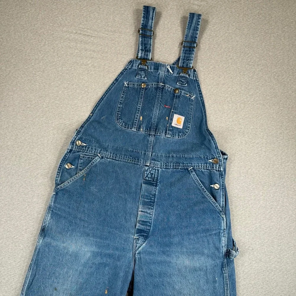 VTG Carhartt R07DST Denim Bib Overalls Mens 36x32 Blue Made in USA Distressed